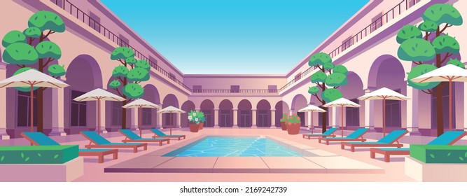 Vacation. Hotel with swimming pool, and garden, sunbeds and umbrellas. Vector illustration.