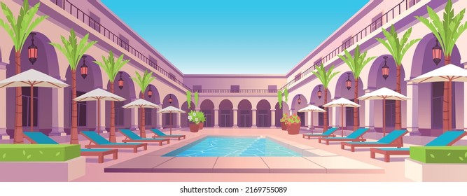 Vacation. Hotel with swimming pool, and garden, sunbeds, umbrellas and palm trees. Vector illustration.