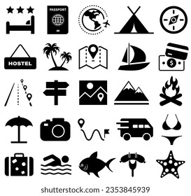 Vacation and Hotel - vector icons. Tourism and hiking, outdoor activities icons collection.