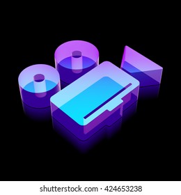 Vacation icon: 3d neon glowing Camera made of glass with reflection on Black background, EPS 10 vector illustration.