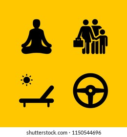 vacation icon. 4 vacation set with calm, sunbathing, car and holidays vector icons for web and mobile app