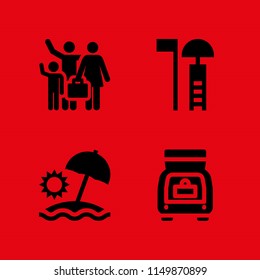 vacation icon. 4 vacation set with life guard, car, sun umbrella and holidays vector icons for web and mobile app