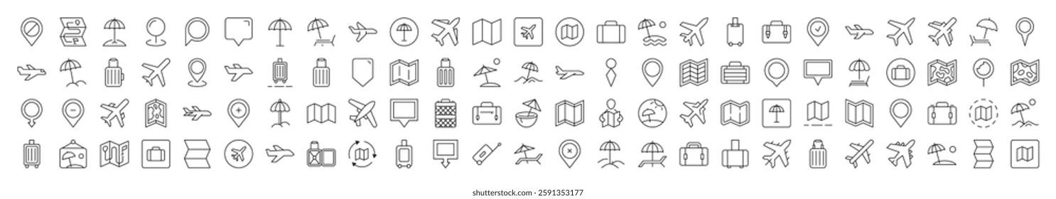 Vacation Icon Bundle. Contains Icons of Plane, Map, Location, Beach Umbrella that Can Be Used for Design of Cards, Posts, Apps, Web Sites