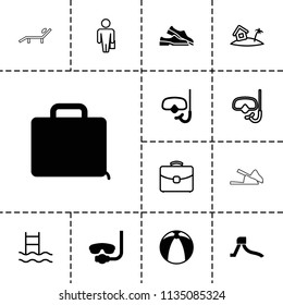 Vacation icon. collection of 13 vacation filled and outline icons such as underwater mask, case, snorkel, man with case. editable vacation icons for web and mobile.