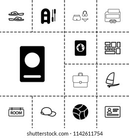 Vacation icon. collection of 13 vacation filled and outline icons such as passport, inflatable boat, beach ball, slippers, luggage. editable vacation icons for web and mobile.