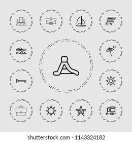 Vacation icon. collection of 13 vacation outline icons such as slippers, trailer, luggage cart, waterslide, sailboat, hotel. editable vacation icons for web and mobile.
