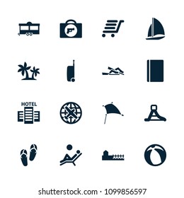 Vacation icon. collection of 16 vacation filled icons such as briefcase with weapon, passport, plane, flip flops, trailer. editable vacation icons for web and mobile.