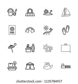 Vacation icon. collection of 16 vacation outline icons such as luggage belt, pass control, tent, bucket toy for beach, flip flops. editable vacation icons for web and mobile.