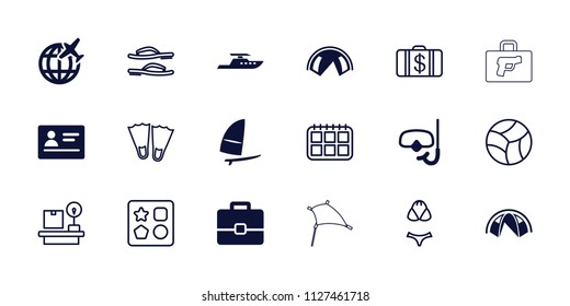 Vacation icon. collection of 18 vacation filled and outline icons such as passport, tent, snorkel, windsurfing, from toy for beach. editable vacation icons for web and mobile.
