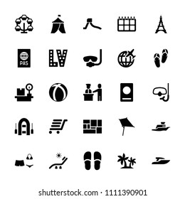Vacation icon. collection of 25 vacation filled icons such as passport, kite, flip flops, sunbed, vegas, slippers, underwater mask. editable vacation icons for web and mobile.