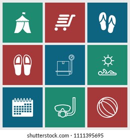 Vacation icon. collection of 9 vacation filled and outline icons such as luggage cart, flip flops, underwater mask, beach ball. editable vacation icons for web and mobile.