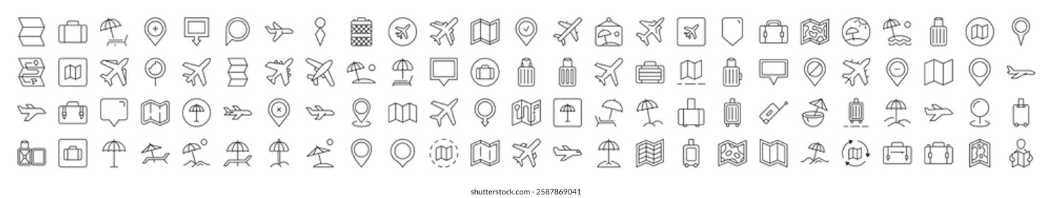 Vacation Icon Collection. Contains Icons of Plane, Map, Location, Beach Umbrella that Can Be Used for Design of Cards, Posts, Apps, Web Sites