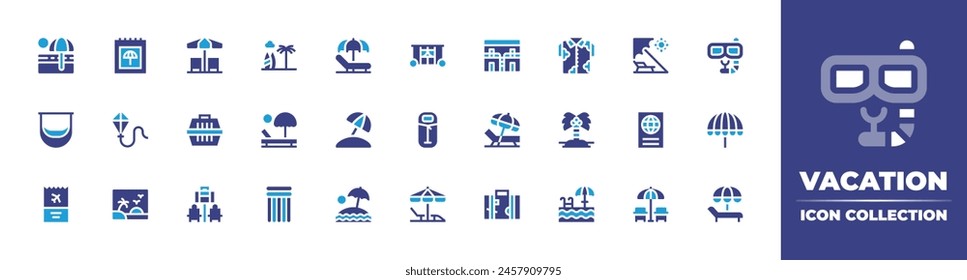 Vacation icon collection. Duotone color. Vector illustration. Containing beach, sunumbrella, petcarrier, postcard, hammock, sleepingbag, kite, airplaneticket, holidays, airmattress.