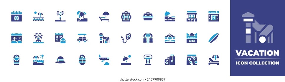 Vacation icon collection. Duotone color. Vector illustration. Containing vacation, airplane, beachumbrella, car, calendar, kite, suitcase, sunhat, aquapark, sleepingbag, island.