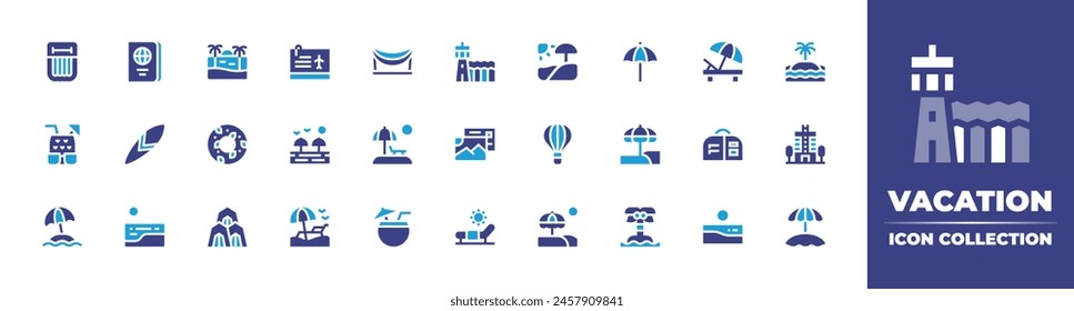 Colección de iconos de vacaciones. Color duotono. Ilustración vectorial. Conteniendo sombrilla, bebida de coco, playa, vacaciones, tabla de surf, flotador, postal, campamento, cama de sol.