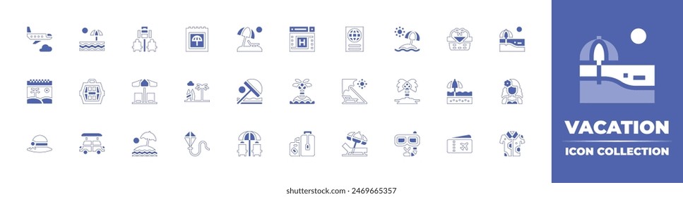 Vacation icon collection. Duotone style line stroke and bold. Vector illustration. Containing sunbed, airplane, travel, vacation, beach, car, calendar, sunumbrella, beachchair, island, sunhat.