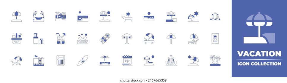 Vacation icon collection. Duotone style line stroke and bold. Vector illustration. Containing sunumbrella, vacation, beach, surfboard, picnicbasket, sunbed, sleepingbag, luggage, airmattress, swimming