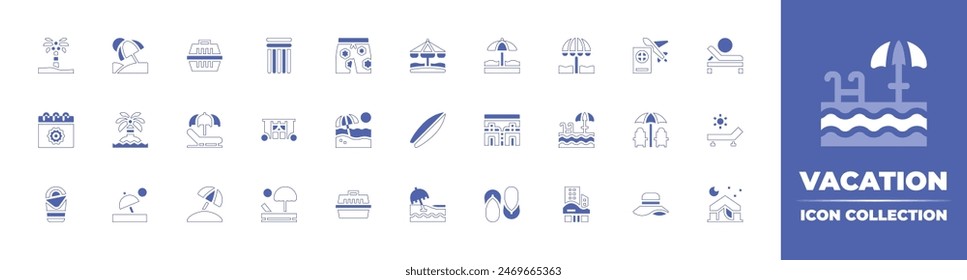 Vacation icon collection. Duotone style line stroke and bold. Vector illustration. Containing sunbed, flipflops, pants, beach, beachumbrella, vacation, surfboard, petcarrier, swimmingpool, dogcarrier.