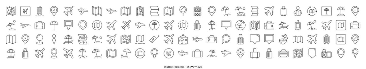 Vacation Icon Pack. Contains Icons of Plane, Map, Location, Beach Umbrella that Can Be Used for Design of Cards, Posts, Apps, Web Sites