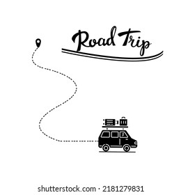Vacation Icon - Road Trip Clipart Black And White with latters and car on route illustration hd vector file 