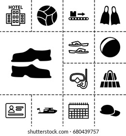 Vacation icon. set of 13 filled and outline vacation icons such as luggage belt, boat, slippers, luggage scan, flippers, baseball cap, beach ball, passport, hotel, snorkel