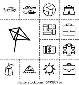 Vacation icon. set of 13 outline vacationicons such as tent, kite, money case, boat, slippers, lugagge, case, hotel, beach ball