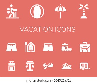 vacation icon set. 14 filled vacation icons. Included Hiking, Beach ball, Beach umbrella, Island, Suitcase, Swimsuit, Amusement park, Boat, Kayak, Swim shorts, Opera house icons