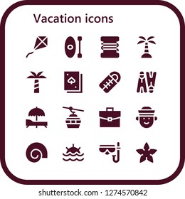  vacation icon set. 16 filled vacation icons. Simple modern icons about  - Kite, Kayak, Fishing line, Island, Palm tree, Deck, Sleeping bag, Flippers, Sunbed, Cableway, Briefcase