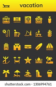vacation icon set. 26 filled vacation icons.  Simple modern icons about  - Suitcase, Beach, Pool, Passports, Briefcase, Swimsuit, Kite, Slide, Fishing, Flyboard, Sand castle, Float