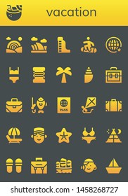 vacation icon set. 26 filled vacation icons.  Simple modern icons about  - Rainbow, Coconut drink, Opera house, Waterpark, Snowboard, Travel, Bikini, Fishing line, Palm tree, Shell