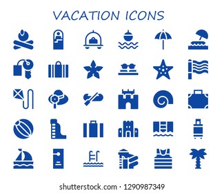 vacation icon set. 30 filled vacation icons. Simple modern icons about  - Campfire, Sleeping bag, Luggage, Float, Beach umbrella, Island, Hotel key, Suitcase, Starfish, Sunglasses