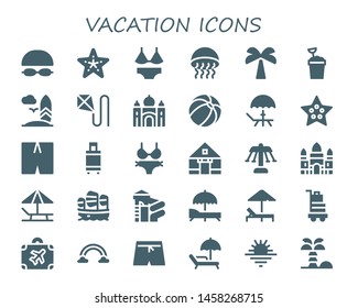 vacation icon set. 30 filled vacation icons.  Simple modern icons about  - Goggles, Starfish, Swimsuit, Medusa, Palm tree, Sand bucket, Surfboard, Kite, Taj mahal, Beach ball