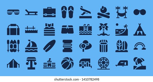 vacation icon set. 32 filled vacation icons. on blue background style Simple modern icons about  - Sunglasses, Gym bag, Ski, Tent, Beach, Pier, Sailboat, Amusement park, Briefcase