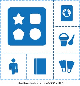 Vacation icon. set of 6 vacation filled icons such as passport, bucket toy for beach, from toy for beach, flippers