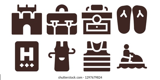  vacation icon set. 8 filled vacation icons. Simple modern icons about  - Hotel, Sand castle, Apron, Briefcase, Sailor, Jet ski, Slippers