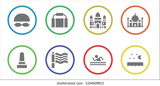vacation icon set. 8 filled vacation icons.  Collection Of - Goggles, Monument, Gym bag, Rainbow, Angkor wat, Swim, Taj mahal, Sea