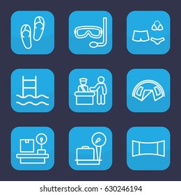 Vacation icon. set of 9 outline vacation icons such as pass control, lugagge weight, flip flops, swimsuit, panorama mode, aqualung, swimming ladder