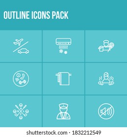 Vacation Icon Set And Airport Transfer With Concierge, Spa And Golf Cource. Hotel Service Related Vacation Icon Vector For Web UI Logo Design.