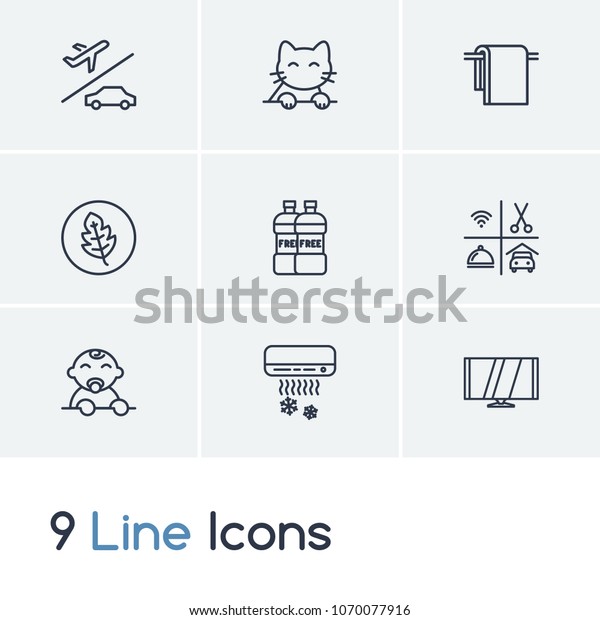 Vacation icon set and airport transfer with pet\
friendly, big towels and free bottled. Drink related vacation icon\
vector for web UI logo\
design.