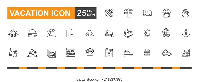 Juego de iconos de vacaciones. Icono de playa, avión, verano, comida callejera, ubicación, transporte y más línea