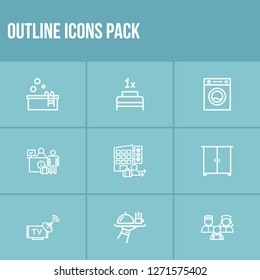 Vacation icon set and breakfast with wardrobe, hotel staff and single bed. Channel related vacation icon vector for web UI logo design.