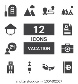 vacation icon set. Collection of 12 filled vacation icons included Passport, Boat, Floating, Hotel, Briefcase, Room service, CV, Landscape, Camping, Kasa, Raft, Travel