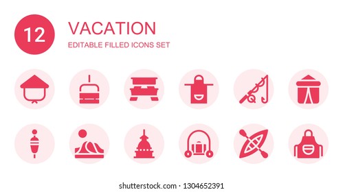 vacation icon set. Collection of 12 filled vacation icons included Kasa, Chairlift, Picnic table, Apron, Fishing, Floating, Dune, Mole antonelliana, Luggage, Kayak, Tent