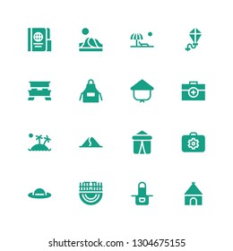vacation icon set. Collection of 16 filled vacation icons included Hut, Apron, Merida, Pamela, Briefcase, Tent, Dune, Island, Kasa, Picnic table, Kite, Beach, Passport