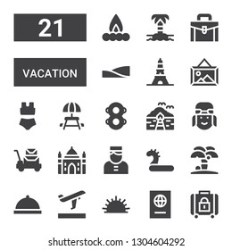 vacation icon set. Collection of 21 filled vacation icons included Baggage, Passport, Sea urchin, Departures, Room service, Island, Inflatable, Bellboy, Agra, Luggage, Pilot, Bungalow