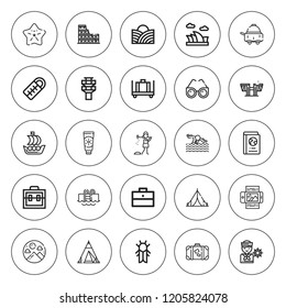 Vacation icon set. collection of 25 outline vacation icons with boat, briefcase, colosseum, cicada, control tower, golfer, luggage, landscape icons. editable icons.