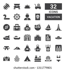 vacation icon set. Collection of 32 filled vacation icons included Bikini, Amusement park, Boat, Tent, Palm, Badshahi mosque, Minibar, Apron, Dune, Picnic table, Pamela, CV, Milan