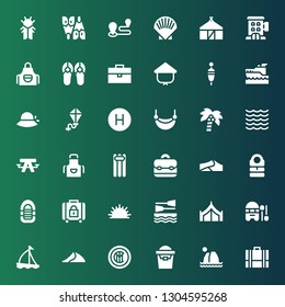vacation icon set. Collection of 36 filled vacation icons included Briefcase, Beach, Sand bucket, Internazionale milano, Dune, Sailboat, Boat, Tent, Sea urchin, Baggage, Inflatable boat