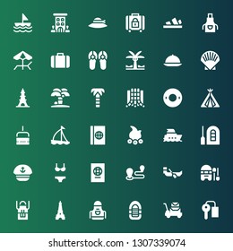vacation icon set. Collection of 36 filled vacation icons included Key room, Luggage, Inflatable boat, Apron, Eiffel tower, Boat, Travel, Passport, Bikini, Sailor, Raft, Yacht