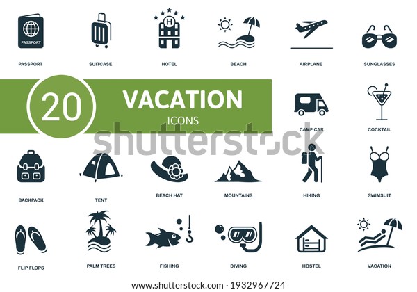 Vacation icon set. Contains\
editable icons vacation theme such as suitcase, beach, sunglasses\
and more.